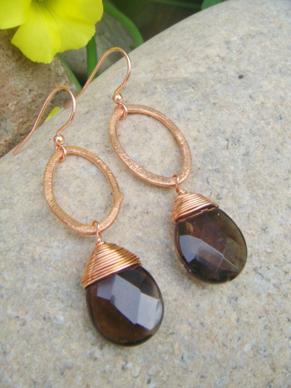 Smoky Quartz Marquise Hammered Copper Earrings - Two Sizes - Image 4