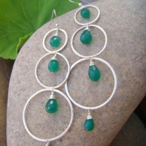 green onyx hammered silver hoop earrings