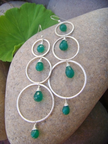 green onyx hammered silver hoop earrings