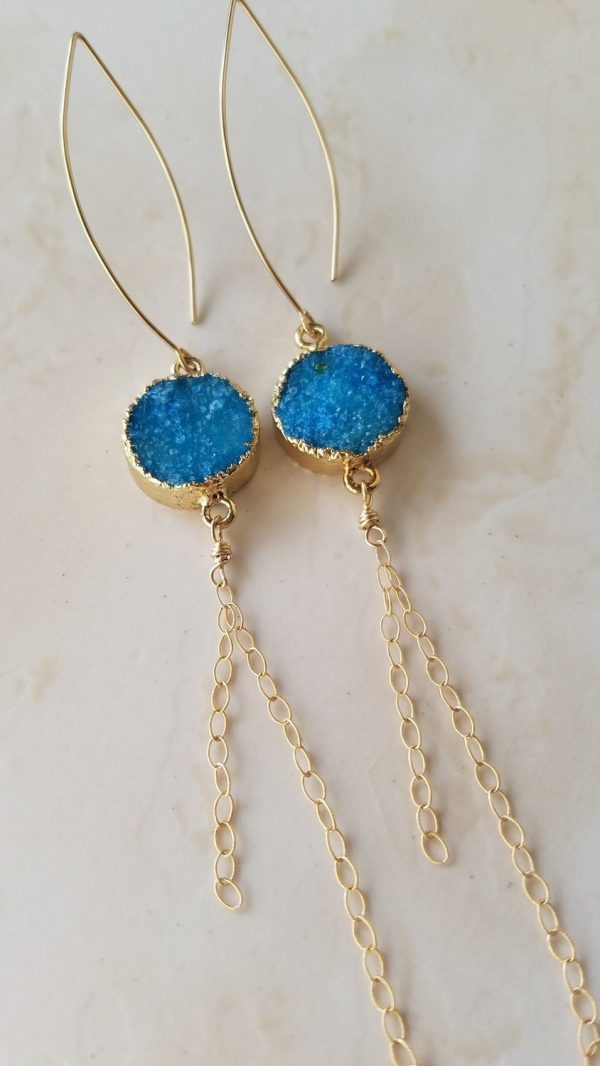 Long Turquoise Druzy Quartz Earrings