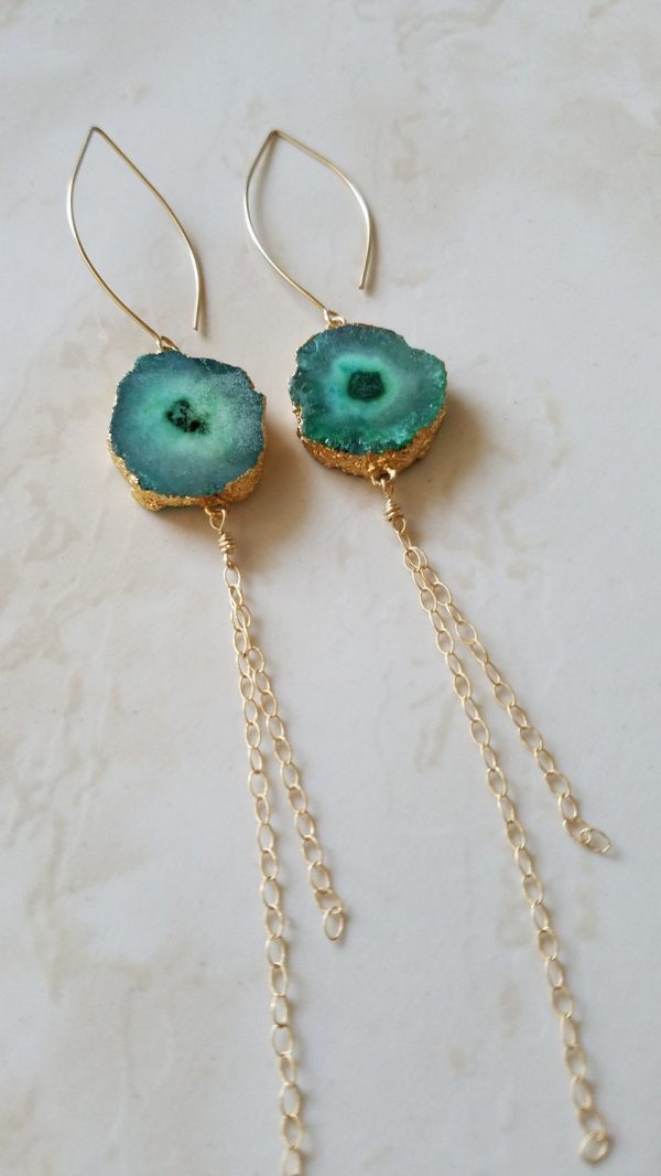 Green Agate Druzy Long Earrings