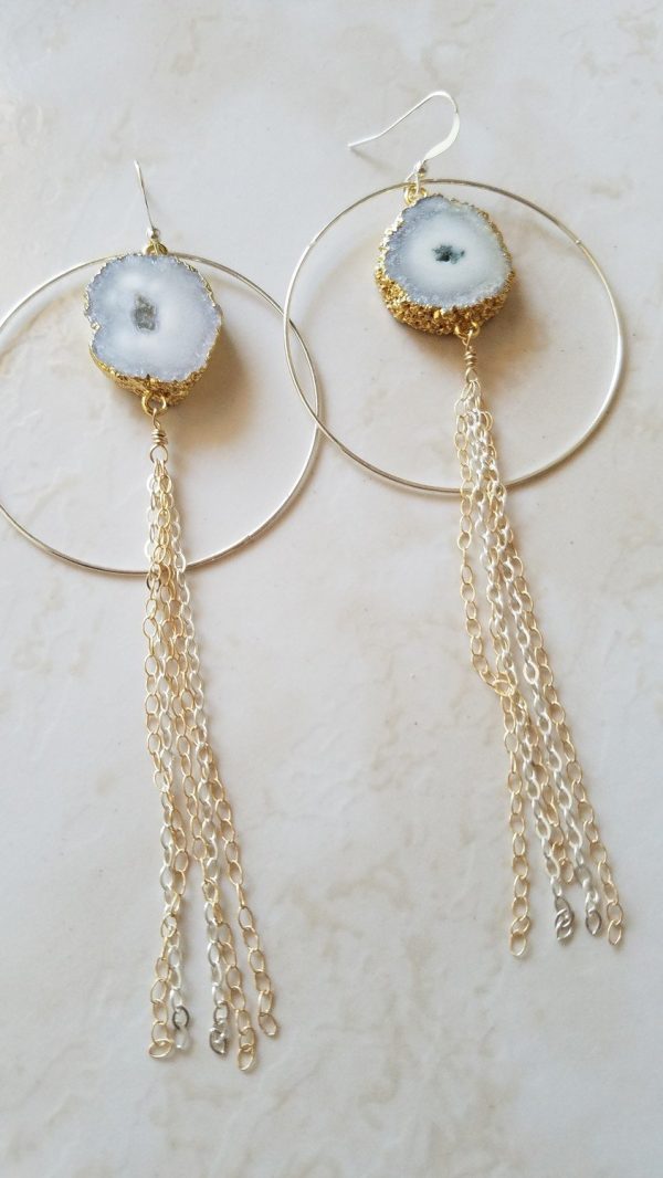 White Agate Tassel Mixed Metal Hoop Statement Earrings