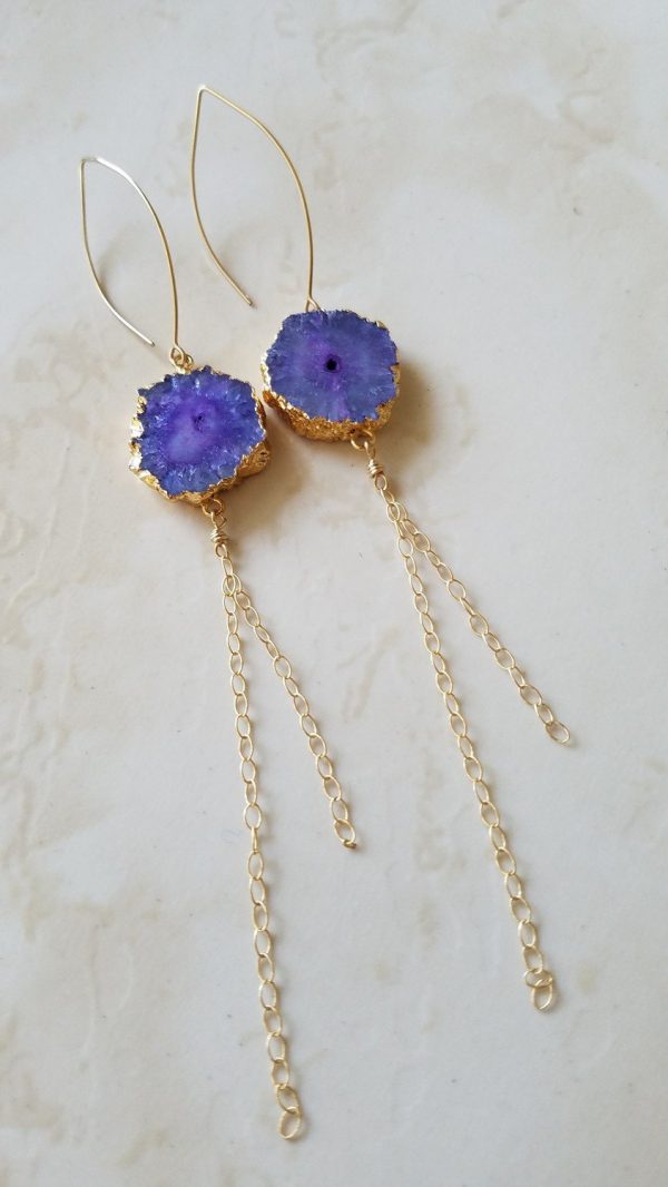 Purple Agate Druzy Gold Filled Long Earrings