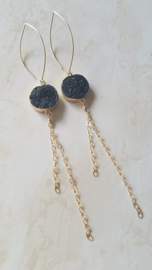 Black Druzy Long Gold Earrings