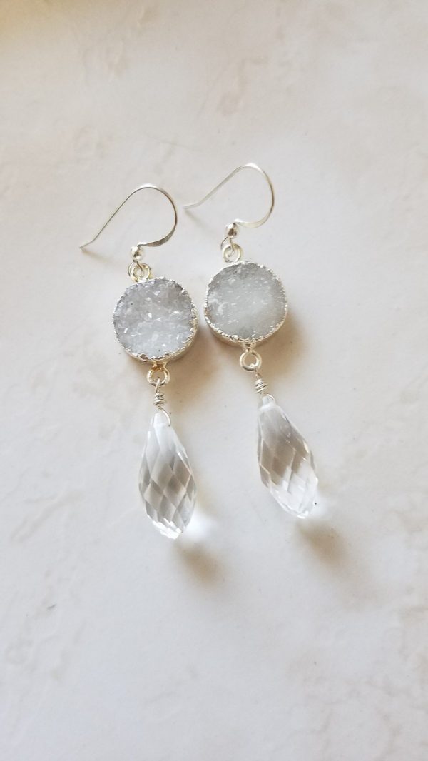 White Druzy Crystal Drop Earrings - Sterling Silver