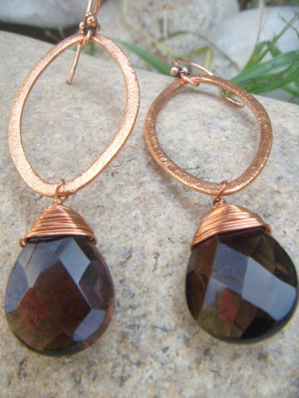 Smoky Quartz Marquise Hammered Copper Earrings - Two Sizes - Image 2