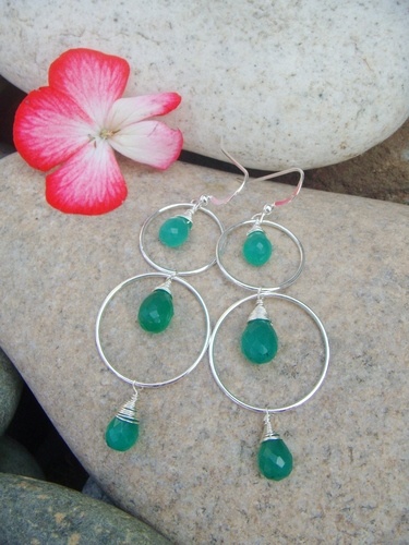 green onyx silver hoop earrings