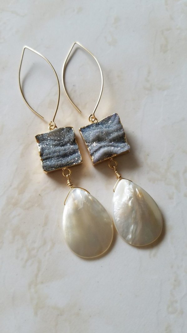 Iridescent Druzy Agate Mother of Pearl Drop Earrings - Long Hooks