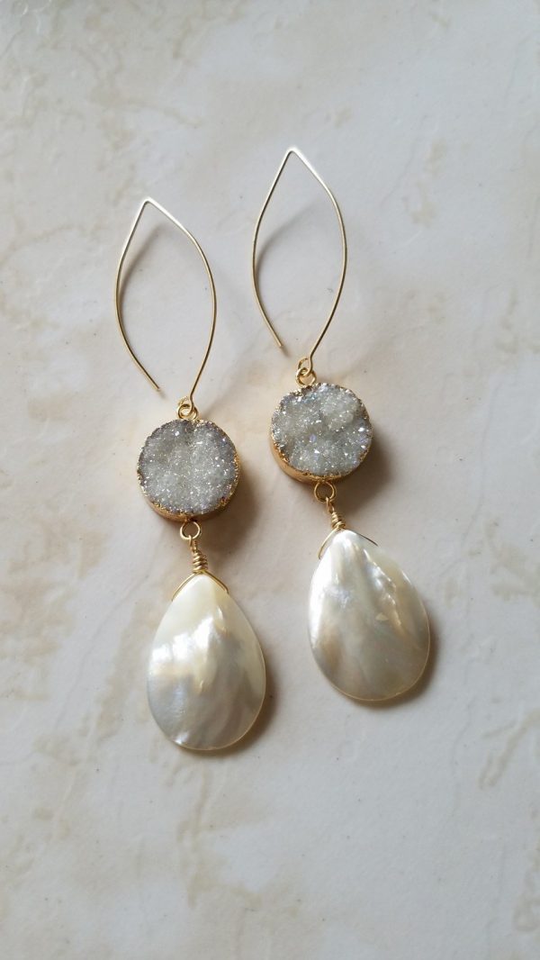 Pearl Drop earrings - Bridal Earrings - White Druzy - Mother of Pearl - Boho Bride