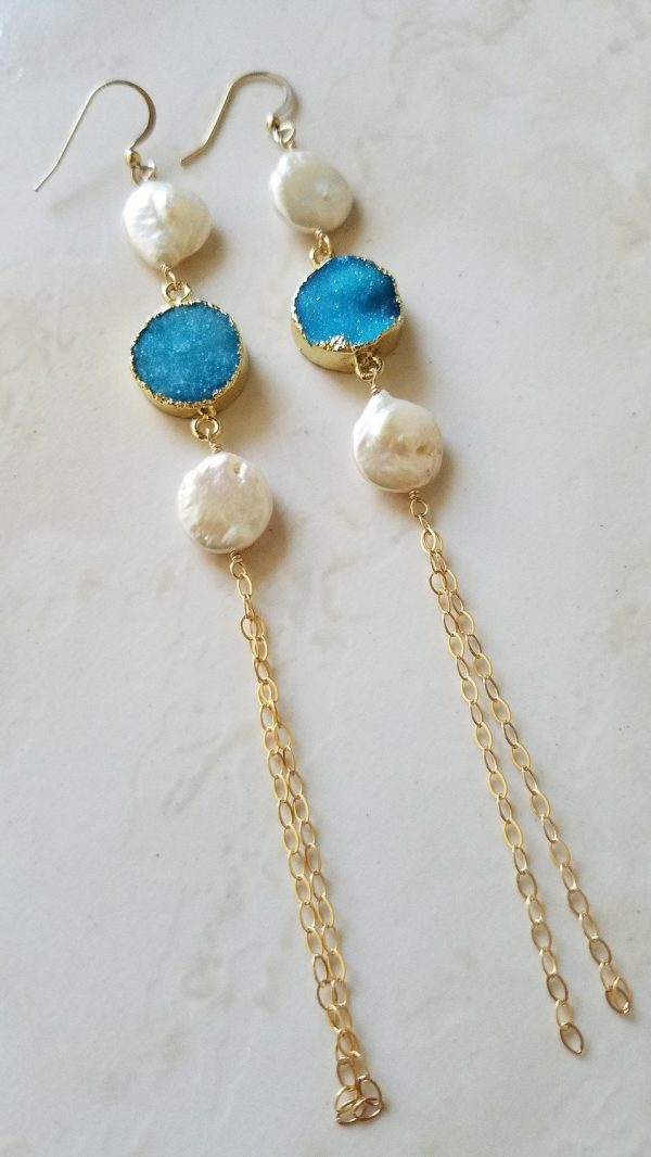 Long Blue Druzy Earrings Pearl Accent