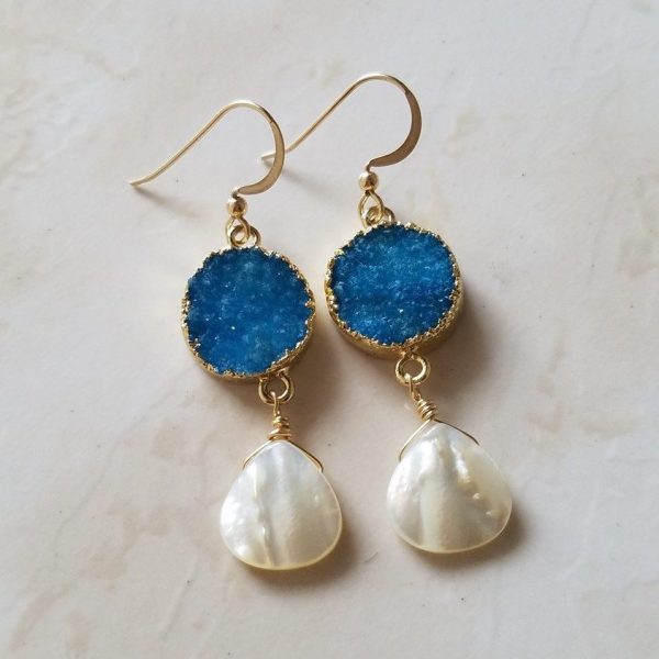 blue druzy mother of pearl dangle earrings