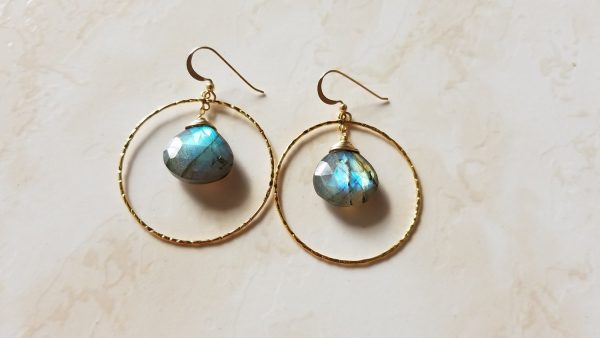 Labradorite Earrings - Gold Hoops-  Healing Gemstones - 3 sizes