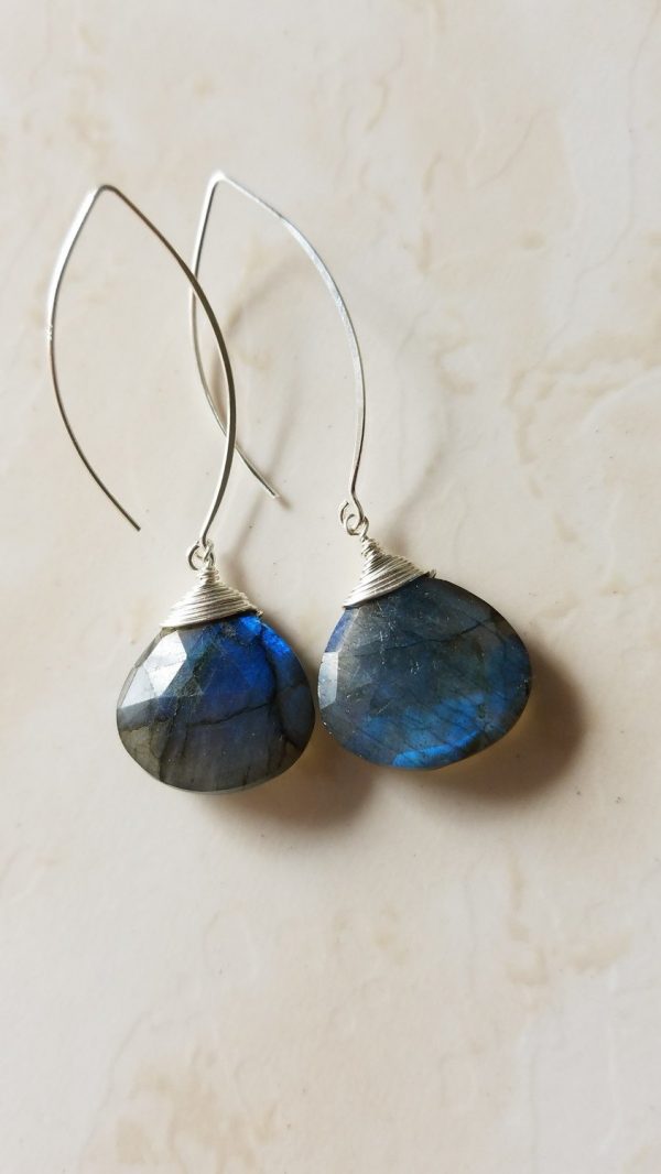 Labradorite Earrings - Sterling Silver  - Long Hooks - Healing Stones