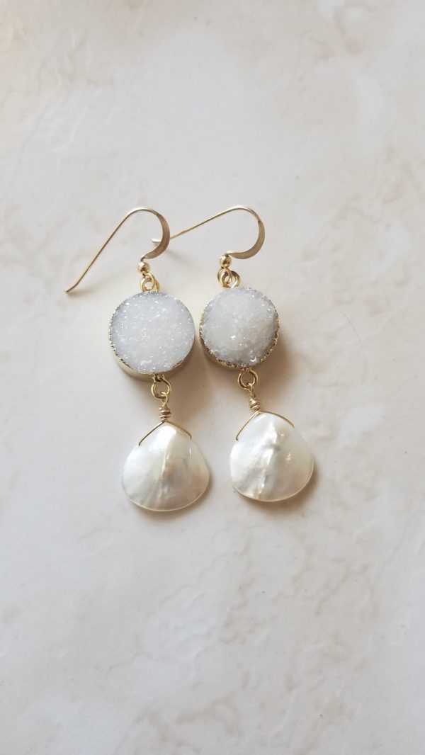 White Druzy Mother of Pearl Drop Earrings