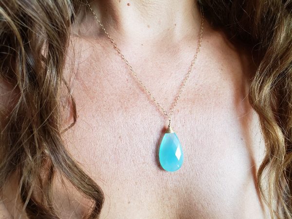 Blue Chalcedony Necklace - Chalcedony Pendant - Gold Chain - Image 2