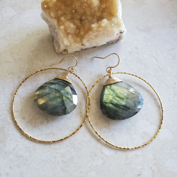 Labradorite Earrings - Gold Hoops-  Healing Gemstones - 3 sizes - Image 4