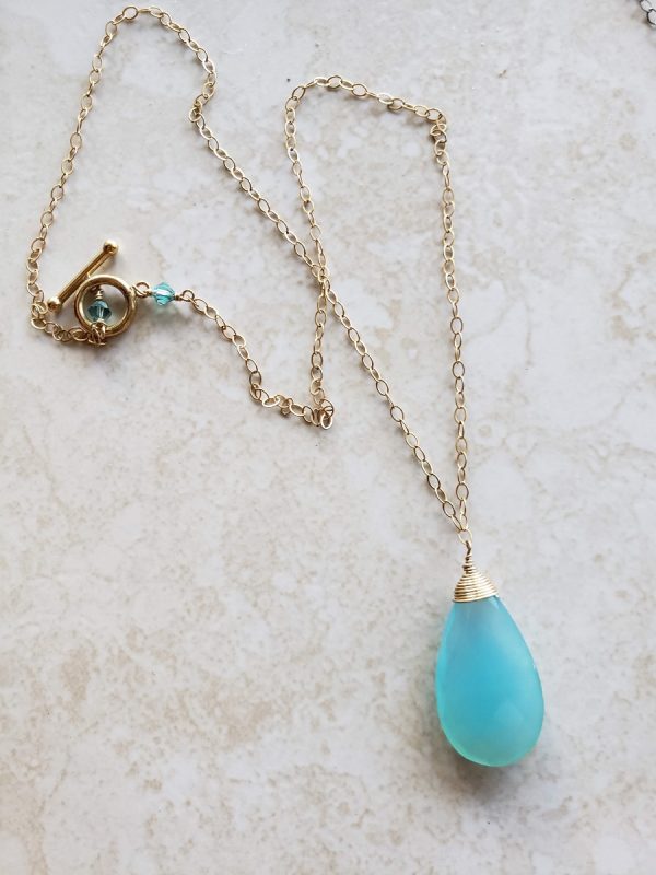 Blue Chalcedony Necklace - Chalcedony Pendant - Gold Chain