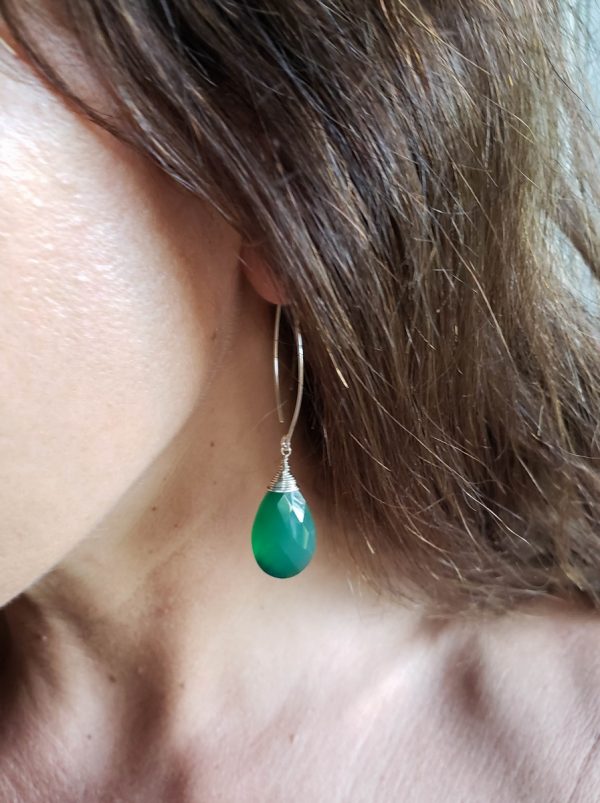 Green Onyx Earrings - Sterling Silver Earrings - Long Hooks - Image 3