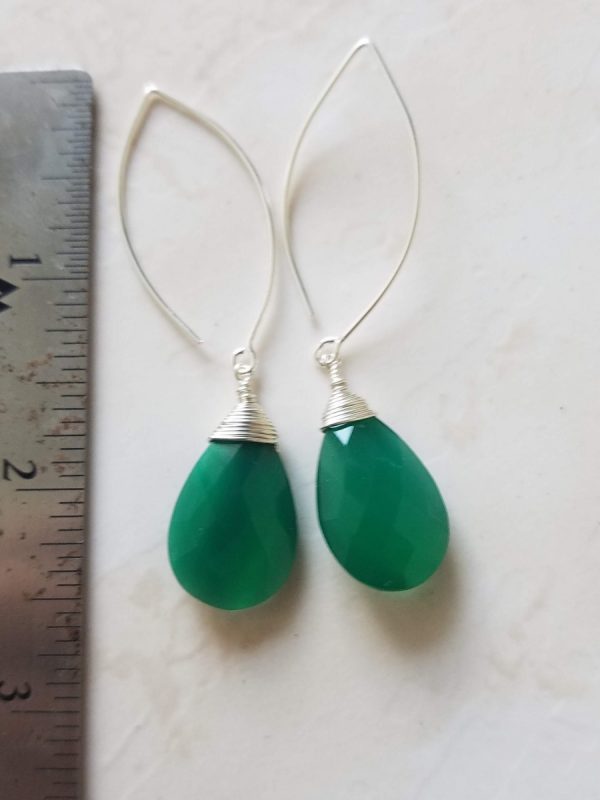 Green Onyx Earrings - Sterling Silver Earrings - Long Hooks - Image 2