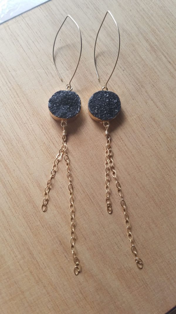 Black Druzy Long Gold Earrings - Image 2