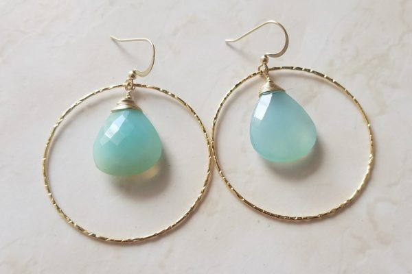 blue chalcedony gold hoop earrings