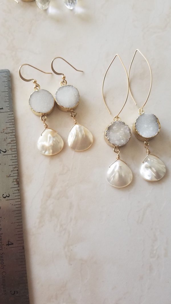 White Druzy Mother of Pearl Drop Earrings - Image 4