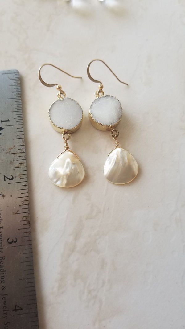 White Druzy Mother of Pearl Drop Earrings - Image 2