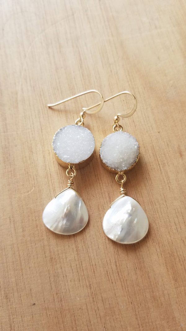 White Druzy Mother of Pearl Drop Earrings - Image 3