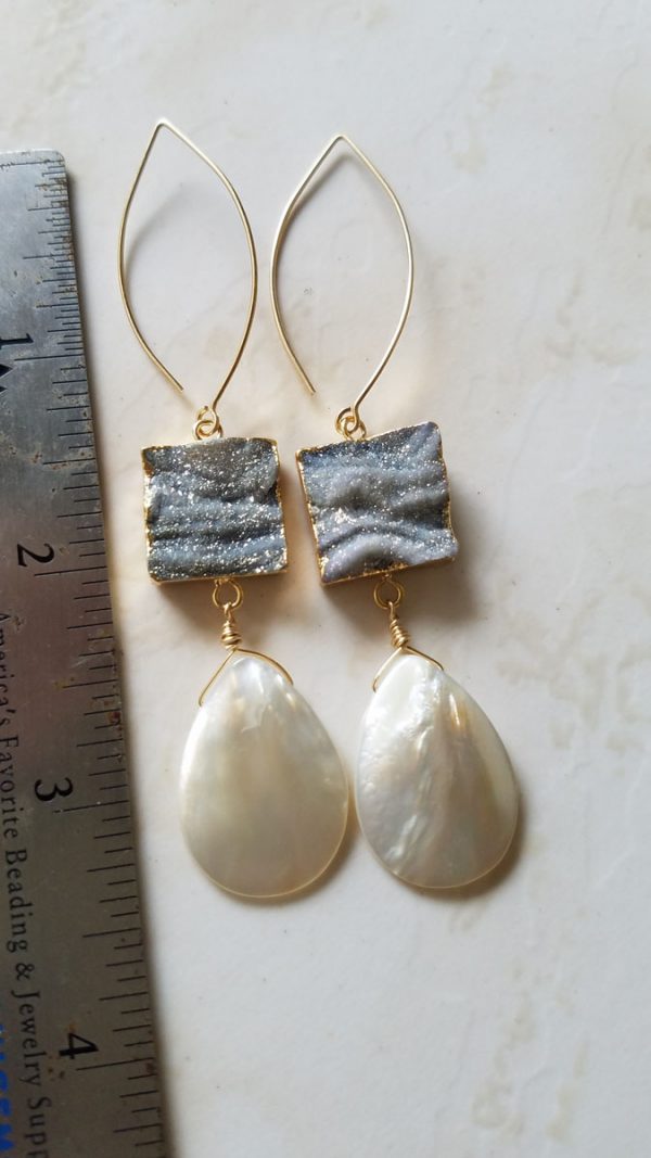 Iridescent Druzy Agate Mother of Pearl Drop Earrings - Long Hooks - Image 4