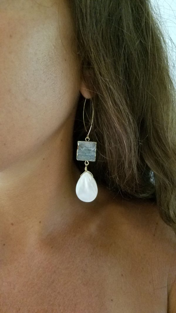 Iridescent Druzy Agate Mother of Pearl Drop Earrings - Long Hooks - Image 3