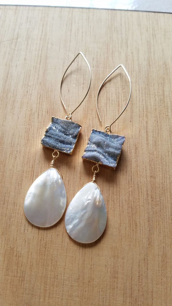 Iridescent Druzy Agate Mother of Pearl Drop Earrings - Long Hooks - Image 2