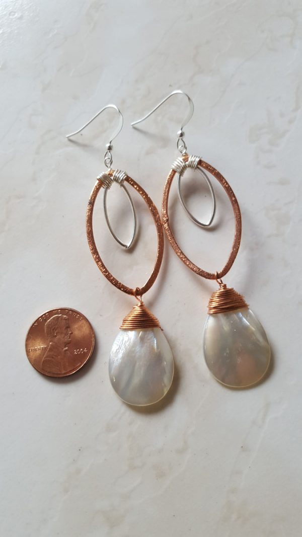 Mixed Metal Marquise Mother of Pearl Copper Earrings - Image 2