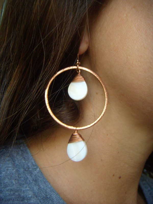 Mother of Pearl - Copper Hoop Dangle Earrings - Image 2