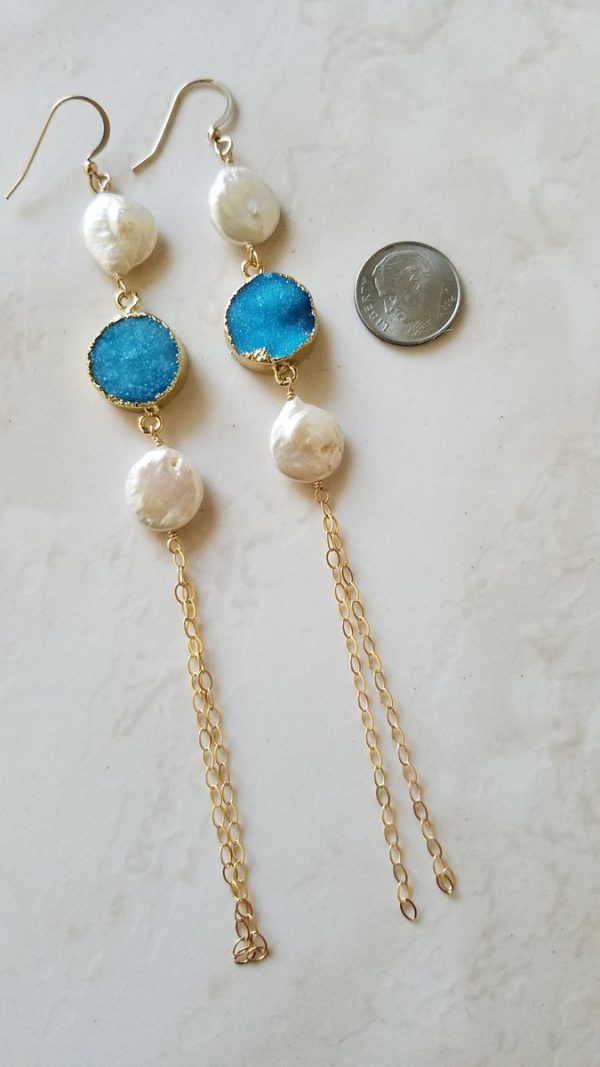 Long Blue Druzy Earrings Pearl Accent - Image 3