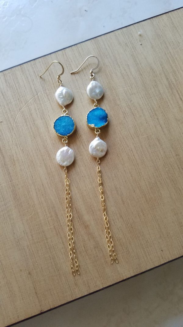 Long Blue Druzy Earrings Pearl Accent - Image 2