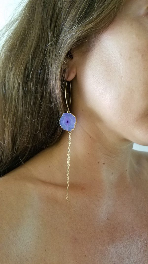 Purple Agate Druzy Gold Filled Long Earrings - Image 4