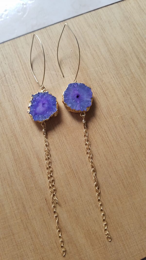 Purple Agate Druzy Gold Filled Long Earrings - Image 2