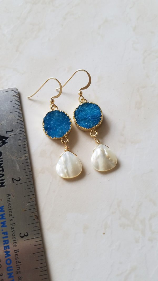 Blue Druzy Pearl Drop earrings - Image 3