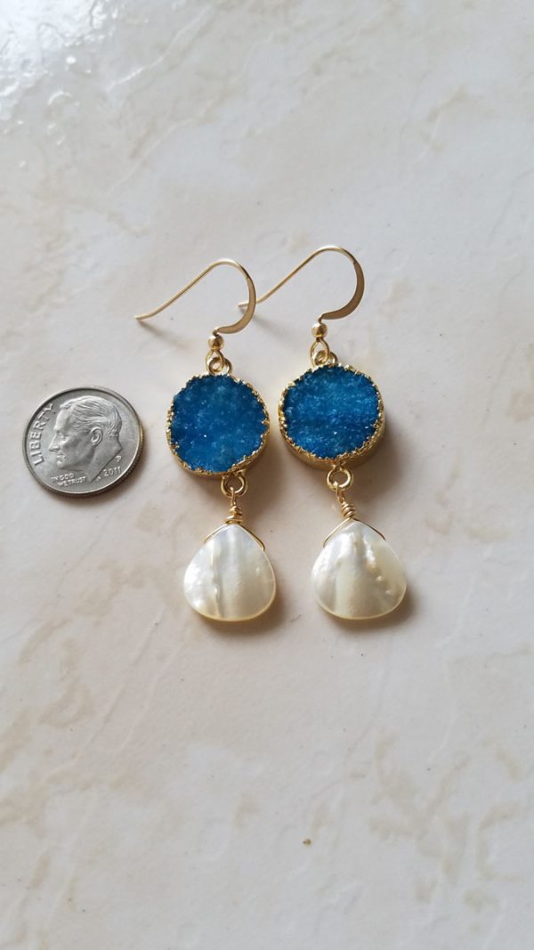 Blue Druzy Pearl Drop earrings - Image 2