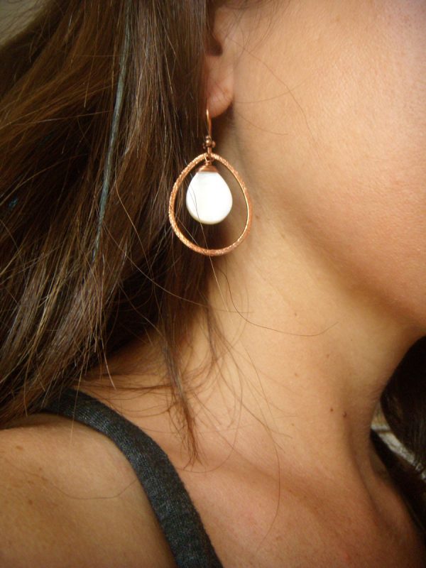 Mother of Pearl Shell Small Dangle Copper Teardrop Earrings - Image 4