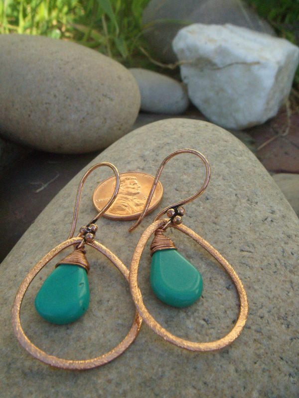 Turquoise Tear Drop Small Dangle Copper Earrings - Image 2