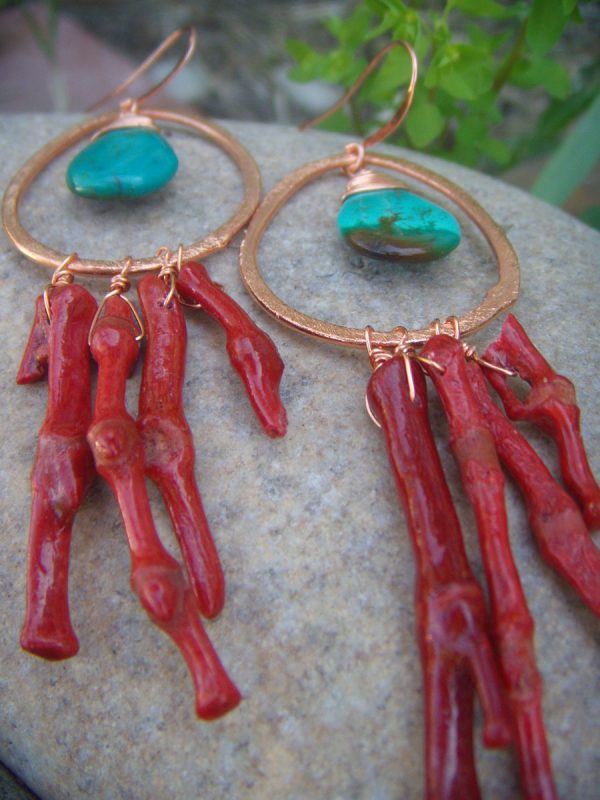 Coral & Turquoise Copper Teardrop Dangle Earrings - Image 2