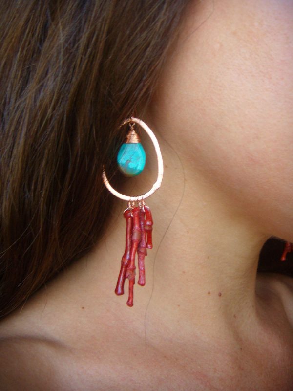 Coral & Turquoise Copper Teardrop Dangle Earrings - Image 4