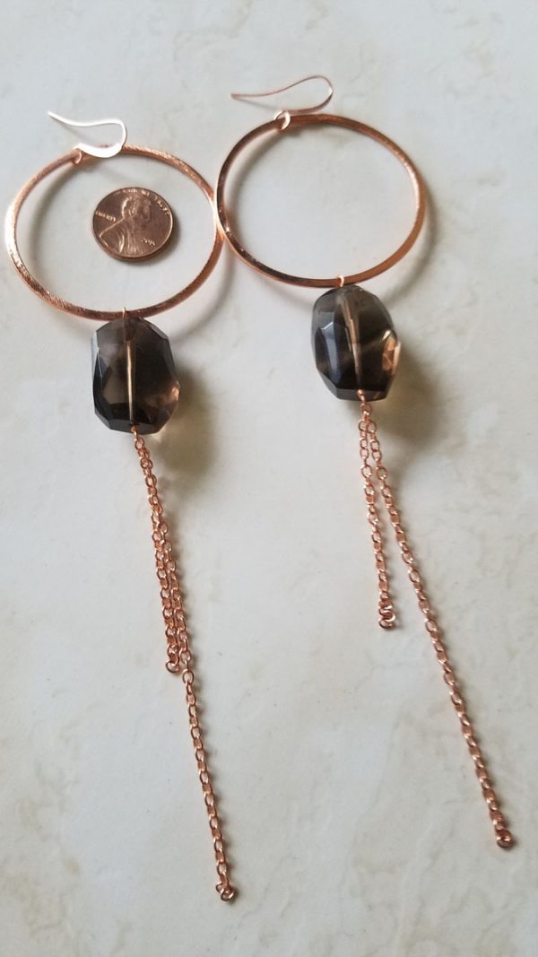 Smoky Quartz Large Hoop Chain Dangle Earrings - Image 3