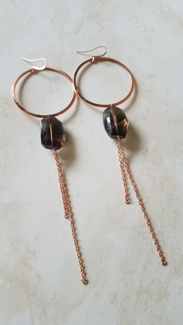 Smoky Quartz Large Hoop Chain Dangle Earrings