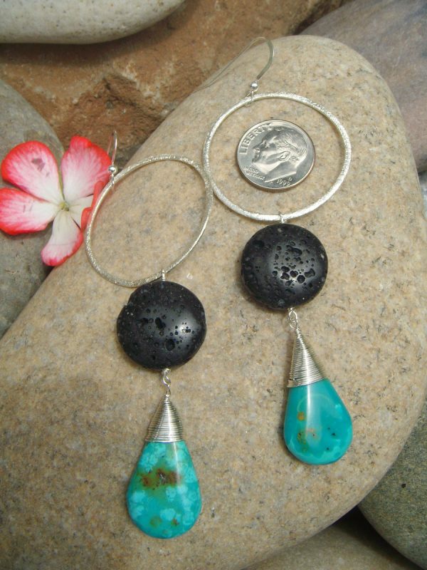 Lava Rock & Turquoise Earrings - Natural Oil Diffuser - Silver Hoops - 3 sizes - Image 6