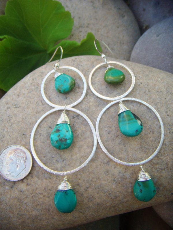 Turquoise Hammered Silver Hooplets - December Birthstone - Image 2