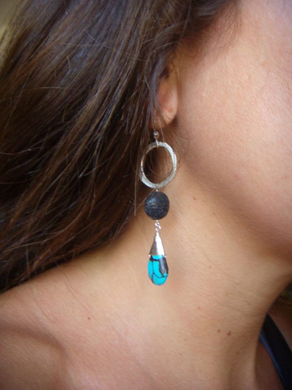 Lava Rock & Turquoise Earrings - Natural Oil Diffuser - Silver Hoops - 3 sizes - Image 5