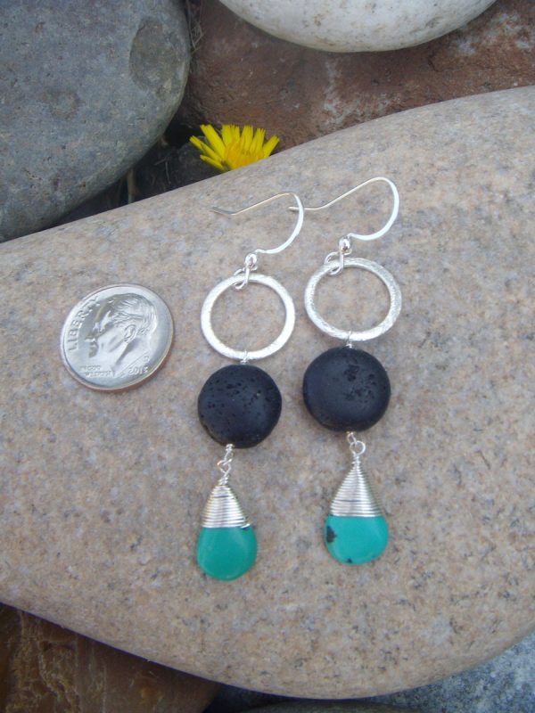 Lava Rock & Turquoise Earrings - Natural Oil Diffuser - Silver Hoops - 3 sizes - Image 2