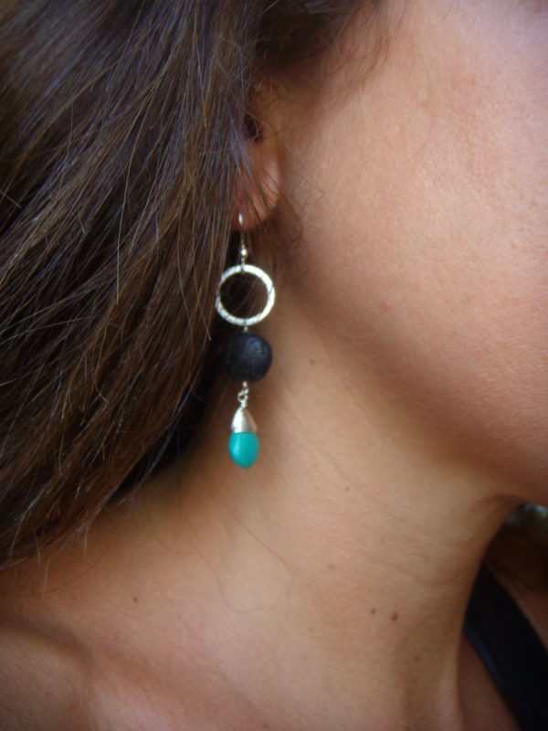 Lava Rock & Turquoise Earrings - Natural Oil Diffuser - Silver Hoops - 3 sizes - Image 3